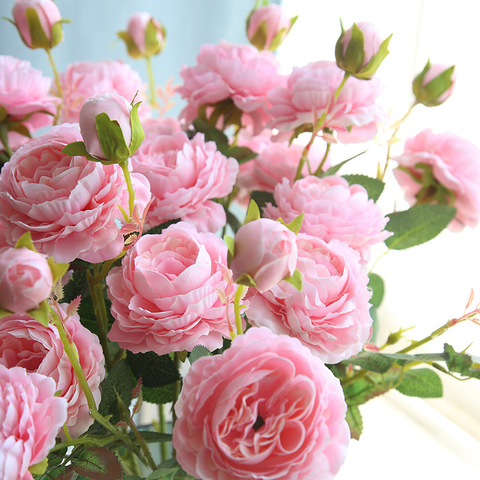 Fleur artificielle européenne de 68cm de Long, 3 têtes, pivoine en soie, fleur de mariage, Rose étranger, décoration de fête, 1 pièces ► Photo 1/6