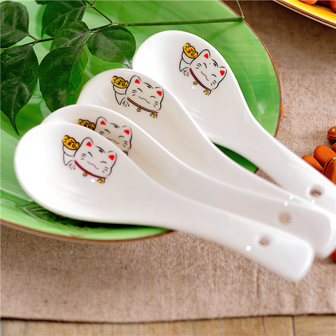 Cuillère à soupe en céramique 14cm, japonais blanc porte-bonheur os de chat porcelaine vaisselle Restaurant fournitures de cuisine ménagère ► Photo 1/6