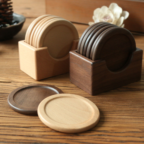 Ensemble de sous-verres en bois, set moderne rond en noyer, tapis de tasse à thé, tapis de salle à manger créatif, porte-gobelet, napperon ► Photo 1/6