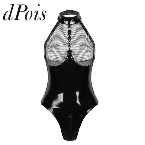 Sexy en cuir verni body une pièce maillot de bain femmes sans manches résille buste Monokini licou cou fermeture éclair ouvert entrejambe justaucorps ► Photo 1/6