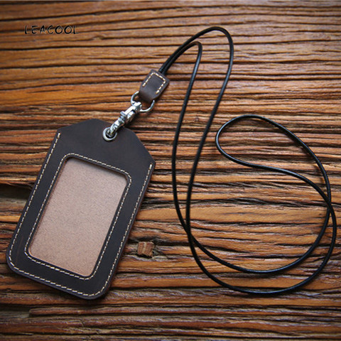 LEACOOL porte-Badge en cuir véritable lanière nom d'identité étui à carte d'étudiant ► Photo 1/6