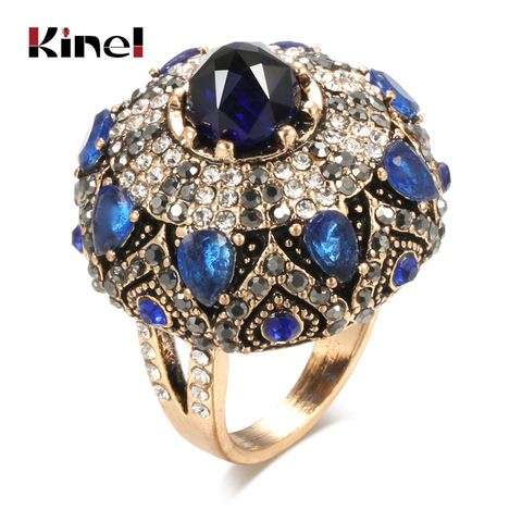 Kinel – grand anneau de luxe Vintage en pierre naturelle, couleur or Antique, cristal pour femmes, bijoux de mariage ethniques ► Photo 1/6