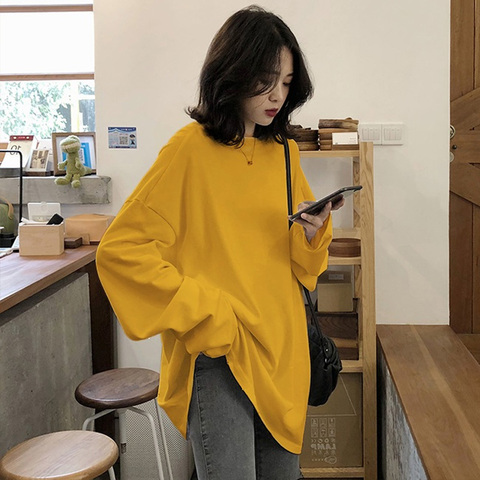 2022 printemps solide Simple surdimensionné t-shirt harajuku longue t-shirt femmes kawaii T-shirts femmes 90s blanc jaune à manches longues hauts ► Photo 1/5