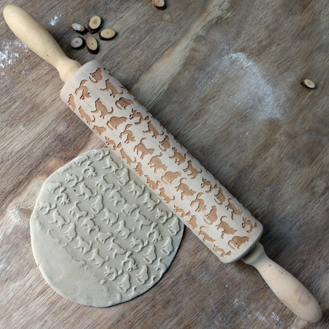 Chat en bois imprimé rouleau à pâtisserie en bois sculpté en relief rouleau de pâte rouleau à pâtisserie en bois accessoires de cuisson ► Photo 1/6