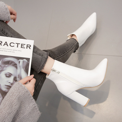 Bottes blanches à bout pointu pour femme, bottines à talons hauts, tendance, 8996 ► Photo 1/5