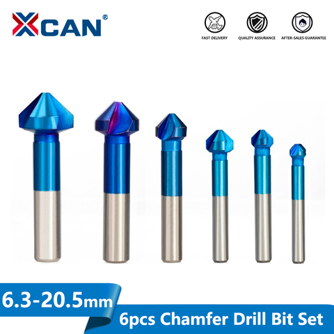 XCAN HSS chanfrein foret 6 pièces 6.3-20.5mm 90 degrés 3 cannelures fraise Nano bleu chanfrein enduit ► Photo 1/6