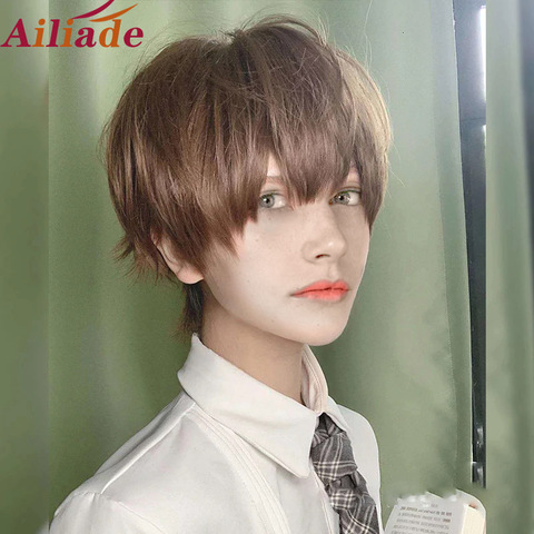 Ailiade perruque courte brun naturel droite pour hommes femmes mâle garçon cheveux synthétiques avec frange Cosplay Anime Halloween quotidien perruque ► Photo 1/6