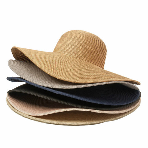 Été couleur unie chapeau de paille femmes grand large le long de la plage chapeau de soleil Simple pliable crème solaire résistant aux UV Panama chapeau ► Photo 1/6