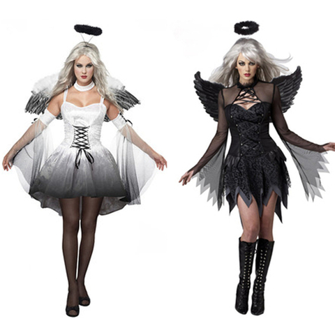 Costumes d'halloween blanc noir ange tombé avec Halo et ailes ensembles fantaisie Cosplay fête déguisement femmes adultes Costume ► Photo 1/6