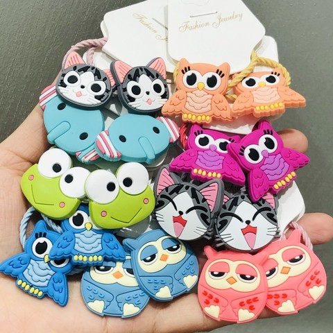 Chouchous en caoutchouc pour filles, 2 pièces, accessoires pour cheveux, animaux, grenouille, hibou, chat, chouchous élastiques, décoration pour couvre-chef ► Photo 1/6