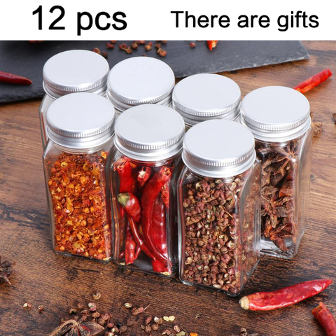 12 pièces ensemble assaisonnement pot carré récipient en verre assaisonnement bouteille cuisine et camping en plein air assaisonnement conteneur ► Photo 1/6