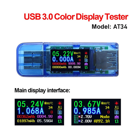Usb AT34 USB 3.0 couleur testeur d'affichage LCD voltmètre ampèremètre tension courant mètre USB capacité testeur mètre multimètre ► Photo 1/6