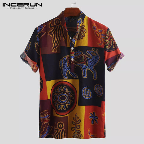 INCERUN hommes chemise hawaïenne impression coton ample à manches courtes col montant Vintage dessus respirants Style ethnique chemises hommes 2022 ► Photo 1/6