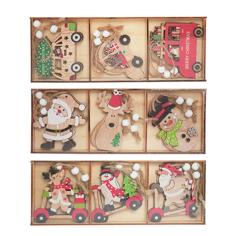 Pendentifs en bois pour voiture de noël, ornements suspendus pour arbre de noël, décorations pour maison, cadeau pour enfants, décor de Noel, 9 pièces/boîte ► Photo 1/6