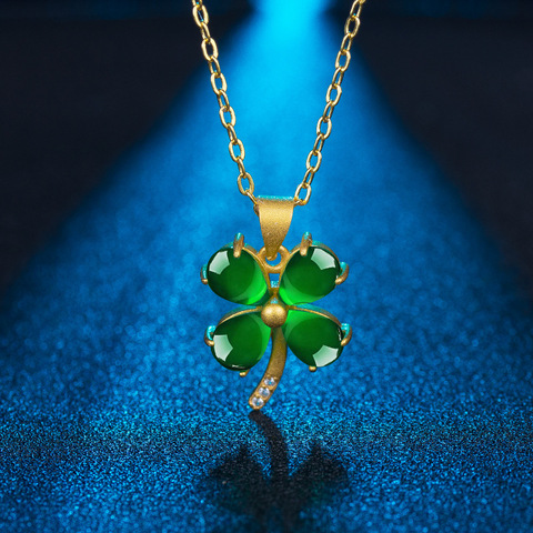 Collier pendentif trèfle de Jade vert naturel, argent 925, bijoux à la mode, amulette calcédoine, cadeaux ► Photo 1/5