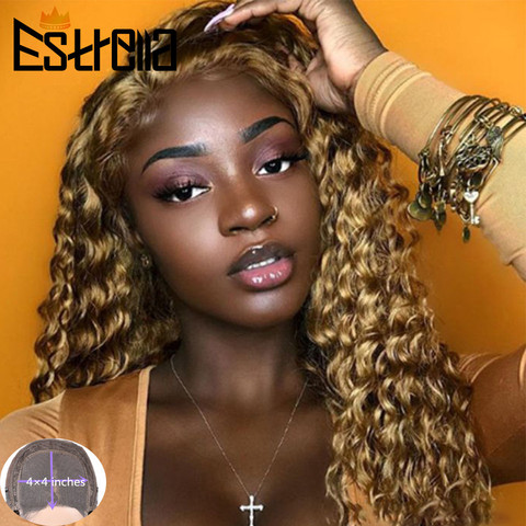 Perruque Lace Closure Wig Deep Wave péruvienne Remy, cheveux naturels, Blond, 4x4, pre-plucked, 150%, pour femmes ► Photo 1/6