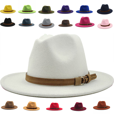 Fedora – chapeaux à large bord pour femmes et hommes, couleur unie, avec ceinture, classique, robe formelle, kaki, noir, hiver ► Photo 1/6