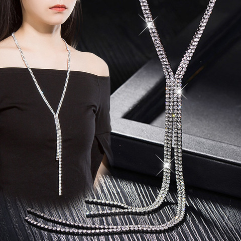 Collier Long avec pampilles en chaîne en strass pour femmes, collier à la mode, nouvelle collection, pull ► Photo 1/6
