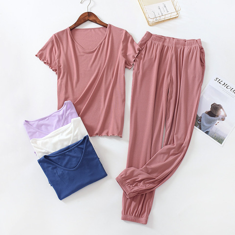 Style japonais pyjamas dames modal printemps automne été grande taille pantalon à manches courtes en vrac simple service à domicile costume femmes ► Photo 1/6