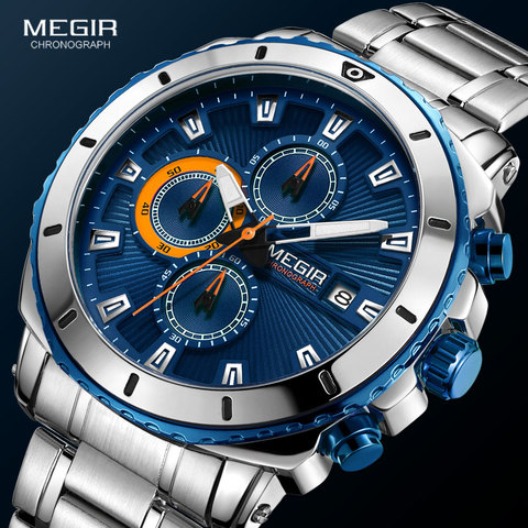 MEGIR-montres à Quartz pour hommes, bracelet chronographe à cadran bleu, mode, analogique, en acier inoxydable, pour mains lumineuses, 2075G-2 ► Photo 1/6