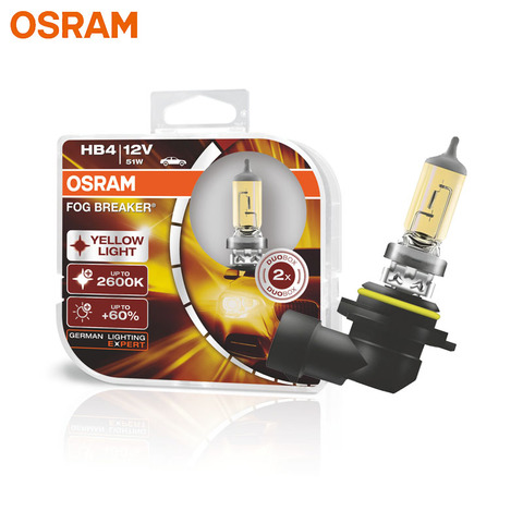 OSRAM HB4 – disjoncteur halogène anti-brouillard pour voiture, phare d'origine 9006 K + 2600 plus lumineux, lampes authentiques, paire, jaune, 12V, 51W, HB4 60% ► Photo 1/6