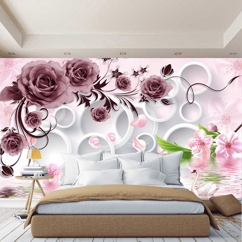 Papier peint 3D stéréoscopique fleurs roses et cercles. Peinture murale 3D dans la chambre, le Hall, dans la maison. ► Photo 1/3