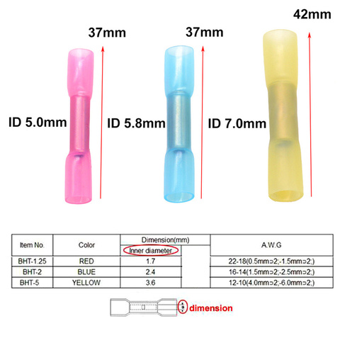 Connecteur de fil isolé étanche à sertir bout à bout thermorétractable, 50 pièces, BHT0.5 BHT1.25 BHT2 BHT5 rouge bleu jaune ► Photo 1/5