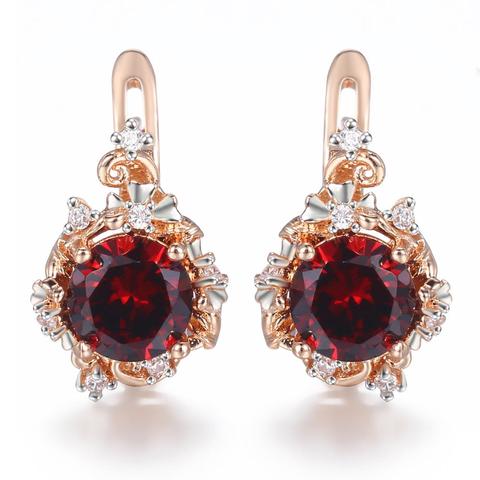 Boucles d'oreilles rondes en zircone cubique pour femmes et filles, bijoux à fermeture à pression, en or Rose, à la mode, cadeaux pour mères, rouge clair, 585 ► Photo 1/6