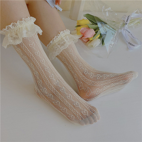 Chaussettes de princesse Lolita en dentelle pour femmes, 3 couleurs, Vintage, motif coeur d'amour, Jacquard, bonneterie ► Photo 1/6