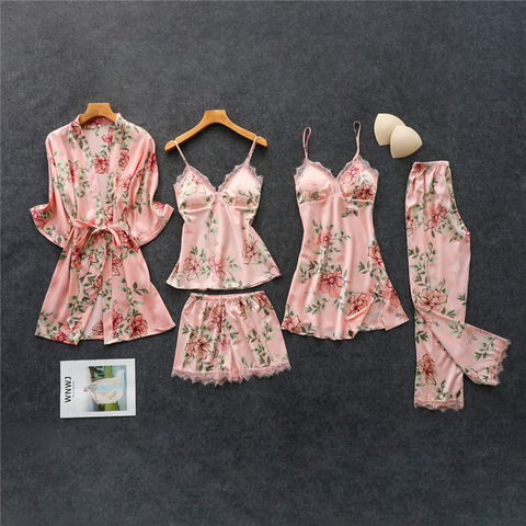 Ensemble pyjama rose 5 pièces pour femmes, haut à bretelles, pantalon, vêtements de nuit, costume, printemps automne, vêtements de maison, Kimono, Robe de bain, M-XXL ► Photo 1/6