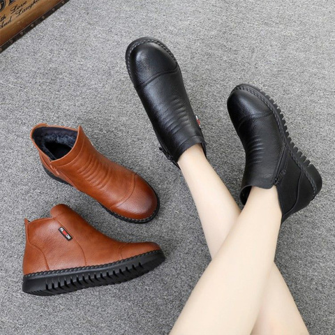 Nouveauté bottines en cuir noir hiver chaussures en peluche pour femmes imperméable confort fourrure bottes concises femmes automne bottes ► Photo 1/6