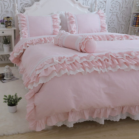 Parure de lit de luxe rose à volants, housse de couette, jupe de lit princesse, modèle taie d'oreiller en lin/HM-010P ► Photo 1/5