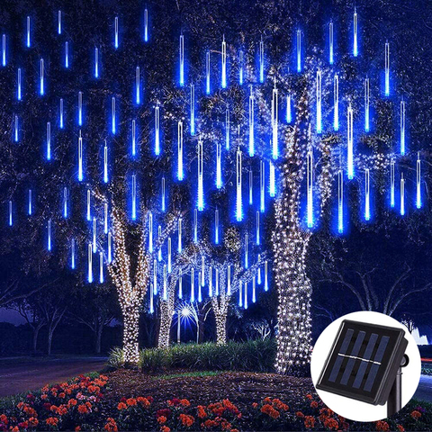 Guirlande lumineuse solaire LED météores, éclairage imperméable, idéal pour les vacances, idéal comme décoration de jardin ou de mariage, 8 Tubes, 144 s Led ► Photo 1/6