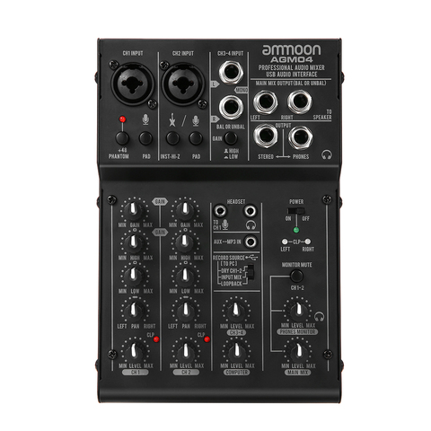 Ammoon – Console de mixage Audio numérique, AGM04, 4 canaux, 2 bandes, EQ 48V intégré, alimentation fantôme 5V, alimentation USB ► Photo 1/6