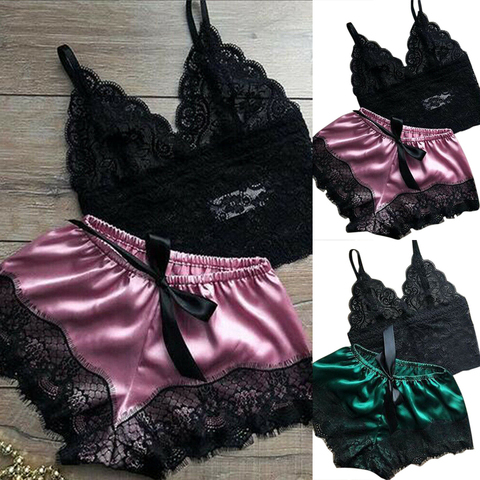 1 Set Femme Déshabillé En Dentelle Lingerie Hauts Ensemble Short Et Haut Nuisette Pyjama Vêtements De Nuit ► Photo 1/6