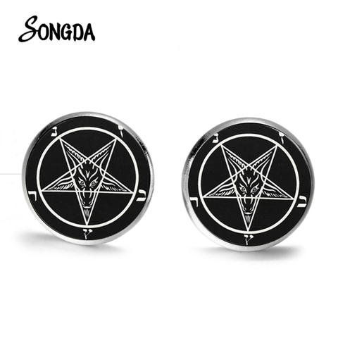 Punk gothique inversé pentagramme boucles d'oreilles 2022 satanisme rouge chèvre tête modèles verre rond oreille goujons pour hommes femmes bijoux ► Photo 1/6