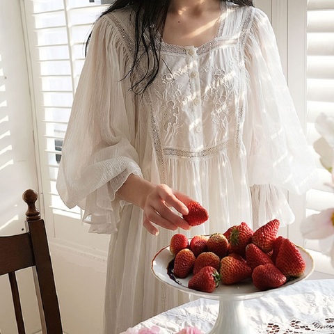 Délicate Vintage broderie pur coton femmes longues chemises de nuit de luxe vêtements de nuit élégant femme ample nuisette printemps automne robe ► Photo 1/5