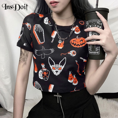 InsDoit – T-Shirt gothique Harajuku pour femme, haut à manches courtes, imprimé, haut court, moulant, Punk, Streetwear, pour Halloween ► Photo 1/6