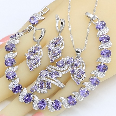 925 argent bijoux ensembles pour femmes mariage violet améthyste collier pendentif boucles d'oreilles anneau Bracelet boîte-cadeau ► Photo 1/6