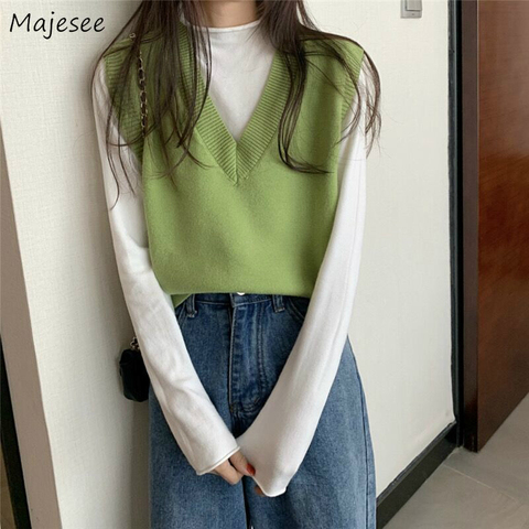 Pull gilet femmes solide automne hiver tout-match loisirs vêtements d'extérieur tricoté col en v sans manches femme élégant Chic Simple Harajuku ► Photo 1/6