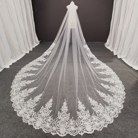 Voile de mariée en dentelle Long avec peigne, 1 couche de longueur, 3.5 mètres, accessoires de mariage, cathédrale, Iovry blanc, Photos réelles, 2022 ► Photo 1/6