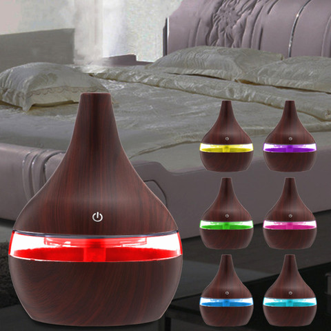 Diffuseur d'air électrique ultrasonique en bois, humidificateur d'air à bouche plate, huile essentielle d'aromathérapie, machine à brume fraîche, USB, 300ml ► Photo 1/6