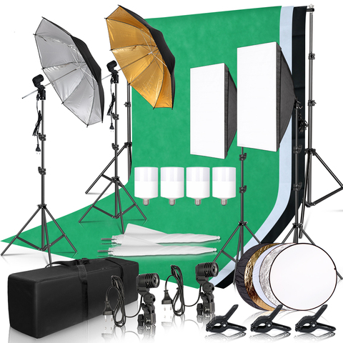 Photographie Photo Studio Softbox Kit d'éclairage avec 2.6x3M cadre de fond 3 pièces décors trépied support réflecteur conseil 4 parapluie ► Photo 1/6