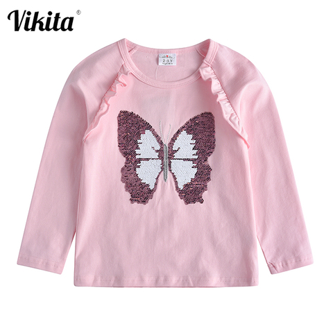 VIKITA filles coton T-shirt filles papillon paillettes t-shirts enfants filles dessin animé T-shirt enfants à manches longues hauts décontractés et t-shirts ► Photo 1/6