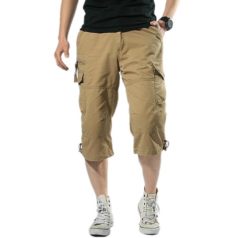 Pantalon court pour homme, vêtement à poches multiples, large, fermeture éclair, noir, kaki, gris, grande taille, décontracté, en coton, short long de style cargo, tendance été ► Photo 1/6