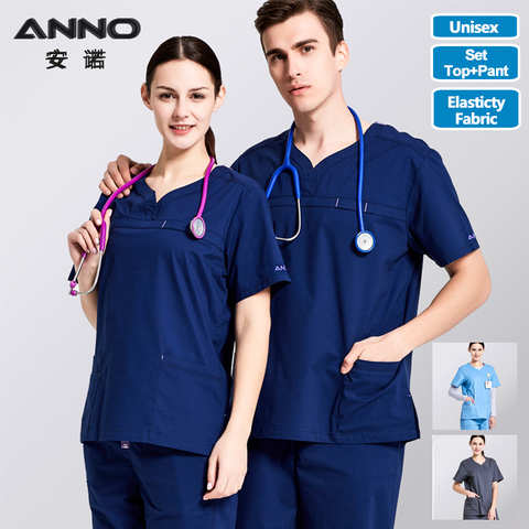 ANNO uniformes de soins infirmiers élastiques Spandex cliniques costume femme mâle Scrubs hôpital vêtements respirant tissu sain vêtements de beauté ► Photo 1/6