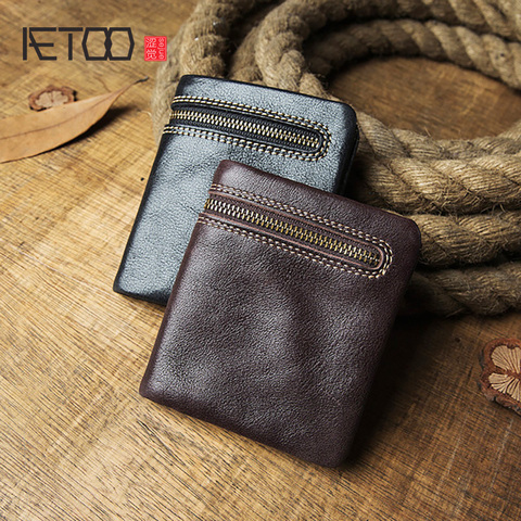 AETOO – portefeuille court pour hommes, portefeuille ultra-mince en cuir avec fermeture éclair, mini portefeuille, porte-monnaie en cuir de vache ► Photo 1/6