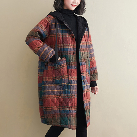 Johnature femmes Vintage hiver Parkas Plaid bouton manteaux à capuche poches 2022 nouveau chaud femmes vêtements coréen Style Parkas manteaux ► Photo 1/6