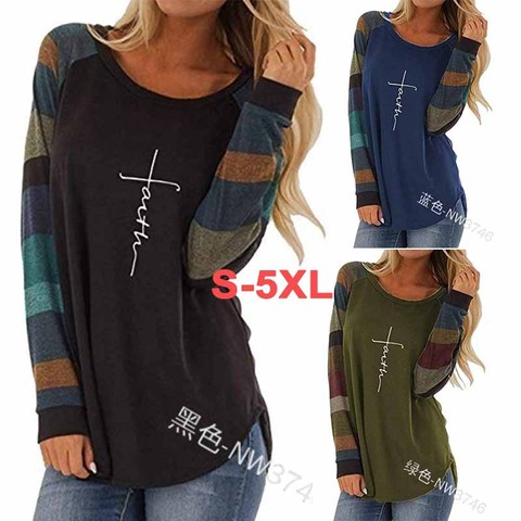 T-Shirt manches longues pour femme, haut imprimé Faith Patchwork, coupe cousue, Colorblock, grande taille 5XL, 2022 ► Photo 1/6