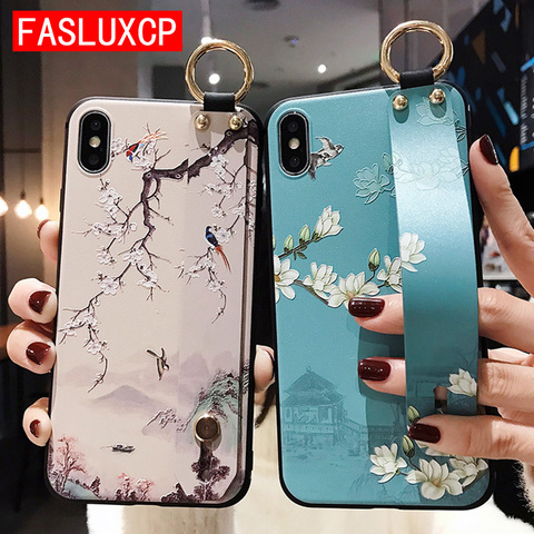 Coque de téléphone en TPU souple à motif de fleurs pour iPhone, compatible modèles 6 Plus, 7, 8, SE, 11, 12 Pro, X, XS, XR, XS Max, avec bracelet Rose ► Photo 1/6